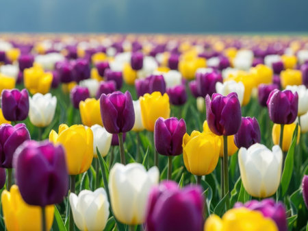 A detailed and colorful image of a tulip field showcasing a variety of tulips in full bloom. The tulips are arranged in neat rows, displaying a mix of purple, yellow, and white flowers. The scene is set against a clear sky, creating a picturesque and serene atmosphere.の素材