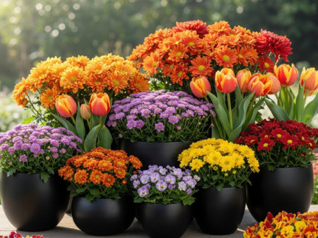 A collection of flower pots filled with a variety of colorful flowers, including chrysanthemums, tulips, and pansies, arranged in a lush garden setting.の素材