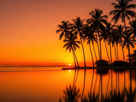A serene tropical beach at sunset with tall palm trees silhouetted against the vibrant orange sky, reflecting on the tranquil water.の素材