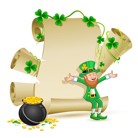 illustration of Leprechaun sitting onscroll paper with Gold Coin Pot of saint patrick's dayのイラスト素材