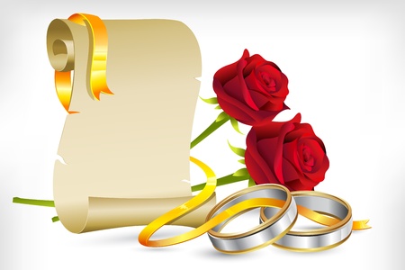 illustration of pair of engagement rings with scroll letter and roses on abstract backgroundのイラスト素材