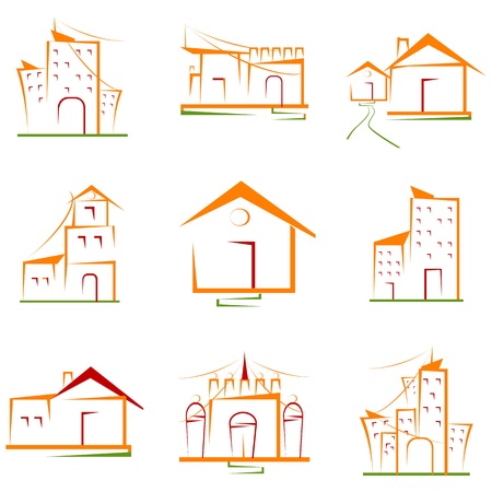 illustration of set of architectural building on isolated white backgroundのイラスト素材