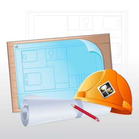 illustration of hard hat with blue print and pencilのイラスト素材