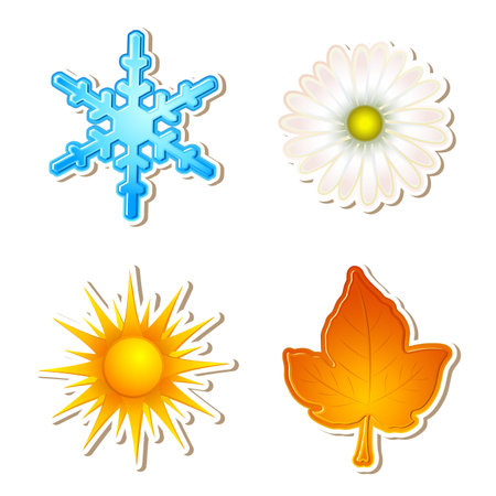 illustration of snowflake,daisy,sun and maple leaf showing four seasonのイラスト素材