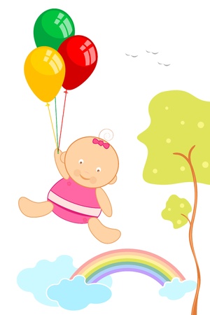 illustration of baby hanging on air holding bunch of balloonのイラスト素材