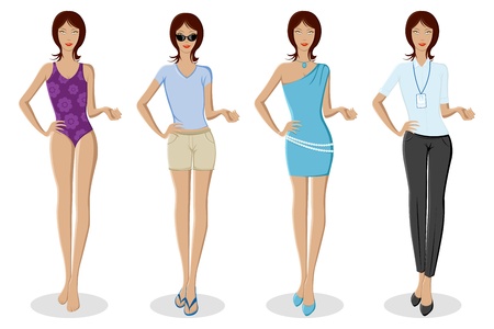 illustration of set of urban lady in different dresses on isolated backgroundのイラスト素材