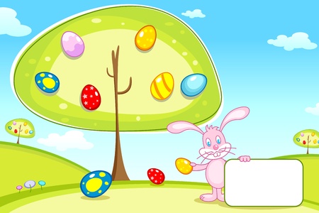 illustration of tree full of colorful decorated easter eggs with bunny holding blank cardのイラスト素材
