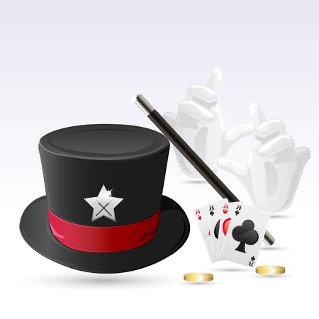 illustration of magic hat with magic wand, hand and cardsのイラスト素材