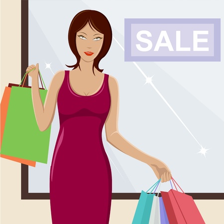 illustration of  urban lady standing with shopping bagのイラスト素材