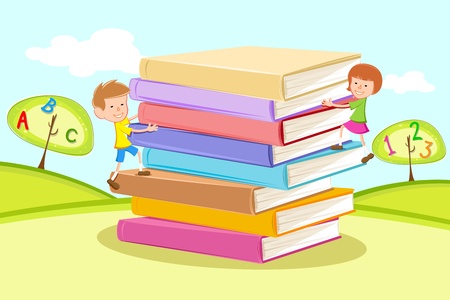 illustration of kids climbing on pile of books in natural backgroundのイラスト素材