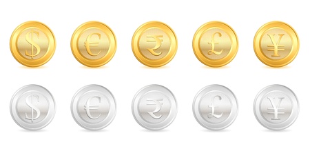 illustration of gold and silver coin of different currencyの写真素材