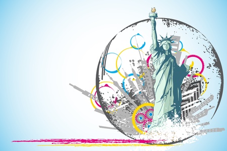 illustration of statue of liberty on abstract city scape backgroundのイラスト素材