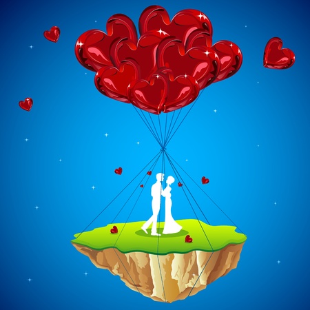 illustration of couple kissing on love land hanging with heart balloonのイラスト素材