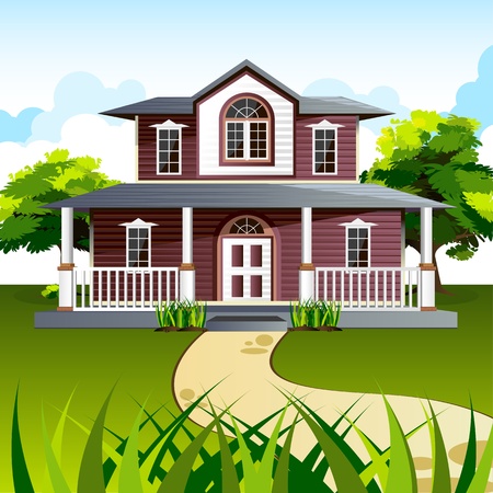 illustration of front view of house in natural backgroundのイラスト素材