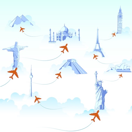 illustration of different monuments on cloud with airplane flying showing travel destinationのイラスト素材