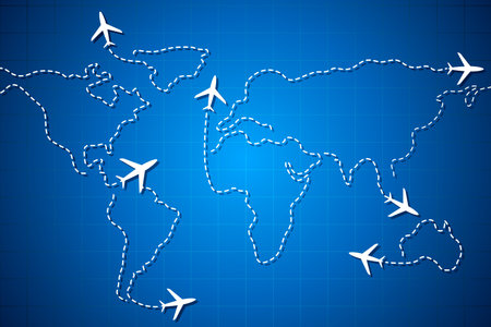 illustration of flying jet drawing world mapのイラスト素材