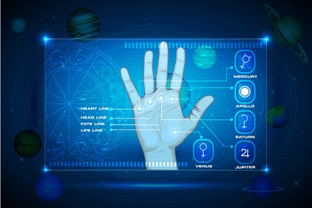 illustration of palm on touch screen indicating palmistry lineのイラスト素材