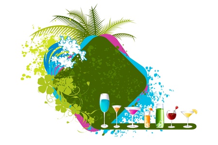 illustration of different cocktail drink on beach background with palm tree and grungeのイラスト素材