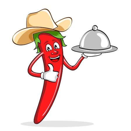 illustration of red chili pepper wearing cow boy hat serving foodのイラスト素材