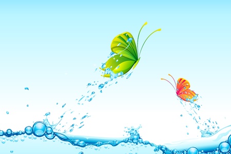 illustration of colorful butterflies flying from splash of waterのイラスト素材