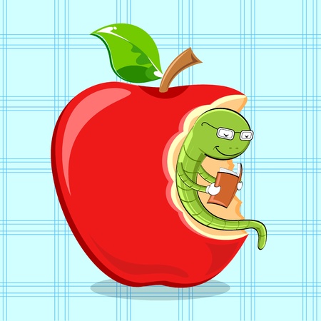 illustration of bookworm reading while sitting in appleのイラスト素材