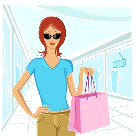 illustration of urban lady standing with shopping bagのイラスト素材
