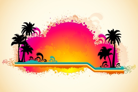 illustration of grungy sea beach view with palm tree and sunのイラスト素材