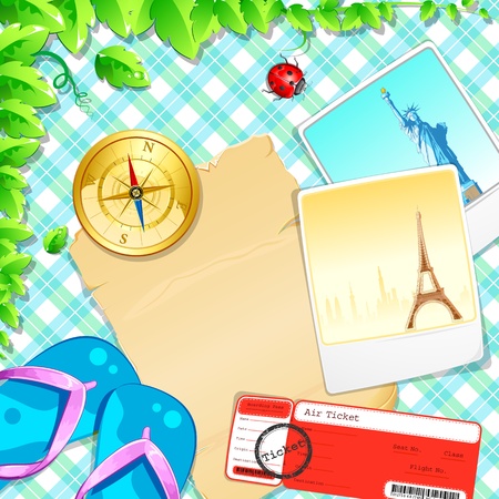 illustration of photograph with slipper and air ticket on pattern backgroundのイラスト素材