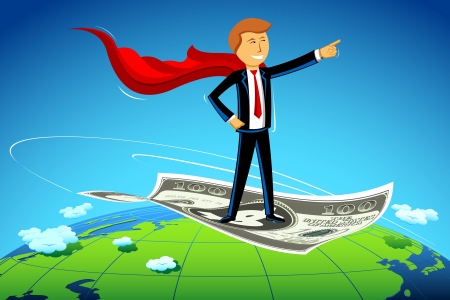 illustration of business man flying on dollar note above earthのイラスト素材