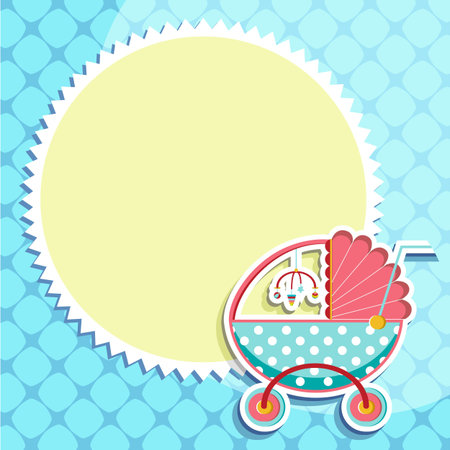 illustration of baby card with baby pram on pattern background