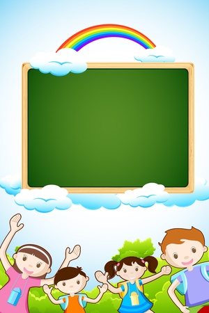 illustration of kids posing with chalk board on sky backgroundのイラスト素材