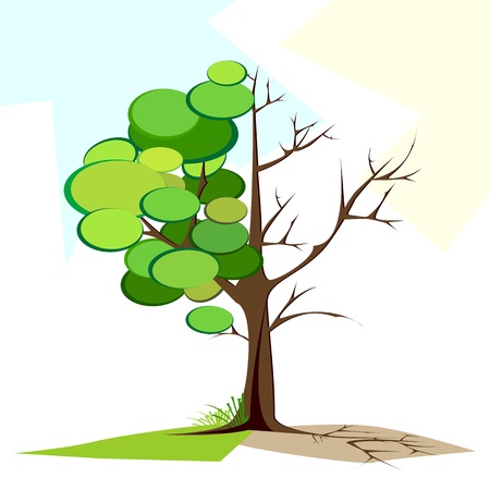 illustration of tree half full of green leaf and half dryのイラスト素材