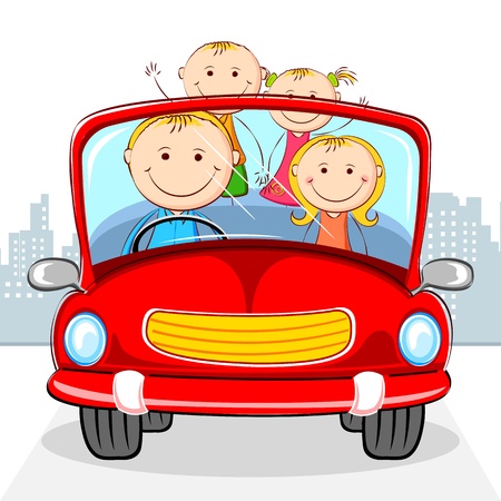 illustration of family travelling in car on cityscape backdropのイラスト素材