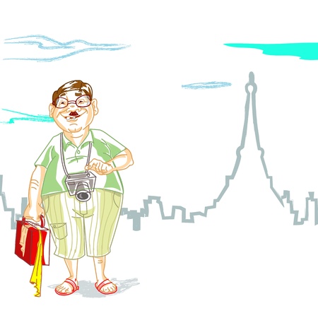 illustration of fat tourist with luggage in front of eiffel towerのイラスト素材