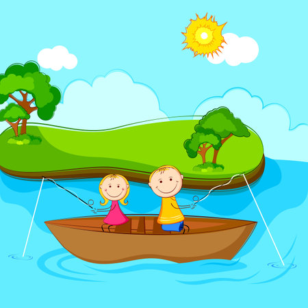 illustration of kids sitting in boat doing fishingのイラスト素材