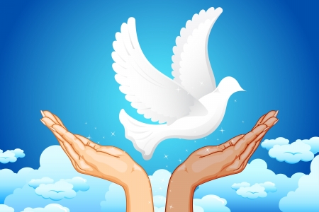 illustration of black and white hand flying peace dove in skyのイラスト素材