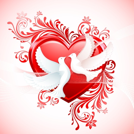 illustration of pair of dove with heart on abstract floral backgroundのイラスト素材