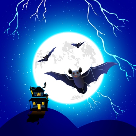 illustration of haunted house with flying bat in scary halloween nightのイラスト素材