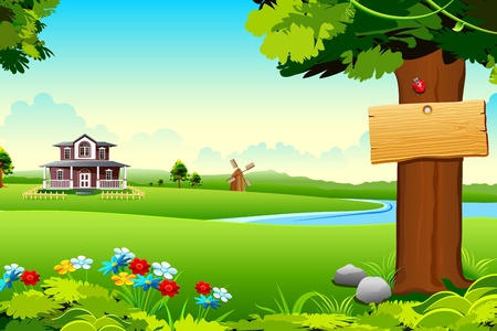 illustration of house in side of lake in green meadowのイラスト素材