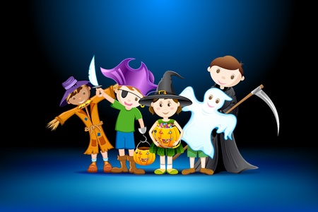 illustration of kids in costume of witch,scarecrow and grim for halloweenのイラスト素材