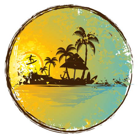 illustration of hut and palm tree with surfer in island at sunset viewのイラスト素材