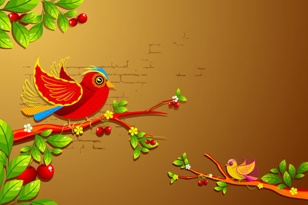 illustration of twitting colorful birds sitting on treeのイラスト素材