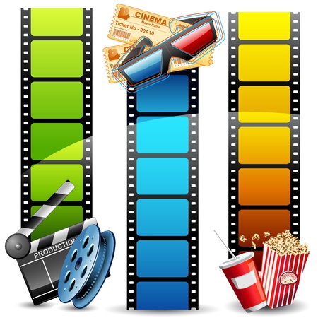 illustration of colorful film reel with pop corn,reel and clapper boardのイラスト素材