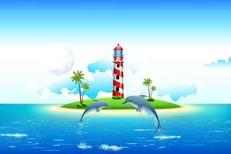 illustration of sea view with jumping dolphin and lighthouse on islandのイラスト素材