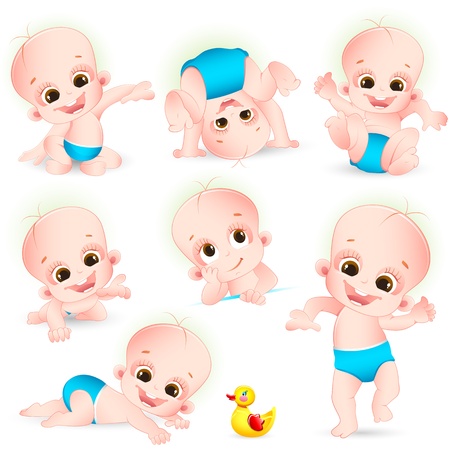 illustration of set of cute baby doing different activities on white backgroundのイラスト素材