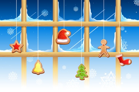 illustration of different shape cookies for christmas hanging on windowのイラスト素材