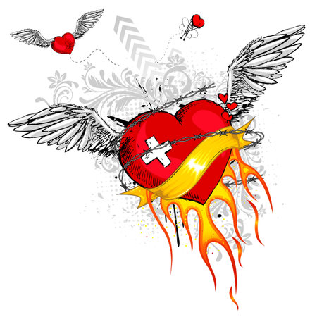 illustration of flying heart with flame and grungy elementのイラスト素材