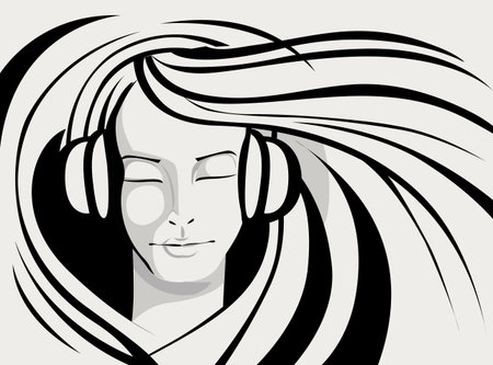 illustration of lady enjoying music in line art styleのイラスト素材