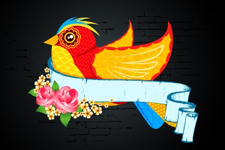 illustration of colorful bird with flower and retro ribbonのイラスト素材