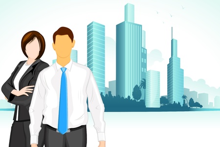 illustration of business man and woman standing on city backdropのイラスト素材